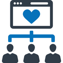 Digital heart symbol displayed on a computer screen with connected people icons symbolizing online community and connection
