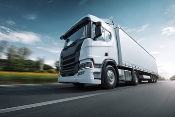 Naklejka premium A streamlined, white commercial vehicle speeding on a highway with blurred background