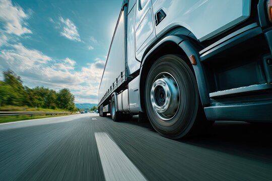 A speeding semi-truck streaks along a highway, blurred motion against a bright blue sky