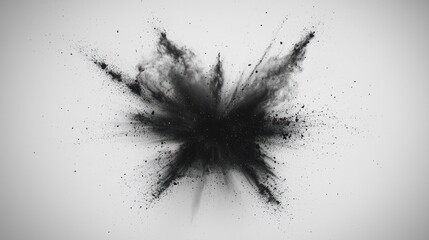 Black powder explosion against a white backdrop, abstract & dramatic