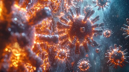 Abstract rendering microscopic orange/red spiky viruses float in a grey-blue abyss