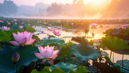 A serene lake filled with blooming pink lotus flowers and large green lily pads, bathed in the warm glow of a misty sunrise.