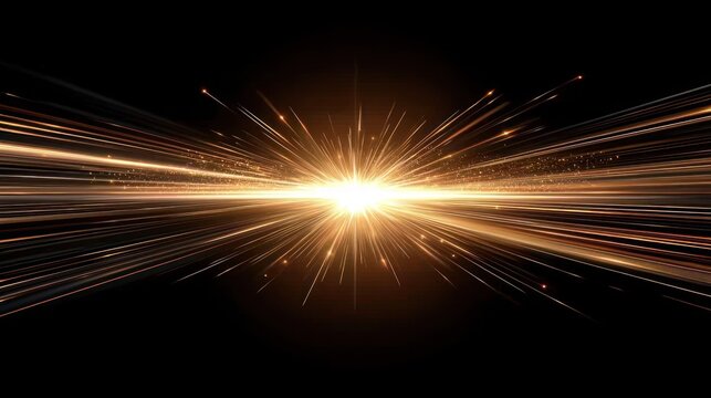 Blazing central burst of light sends golden rays outward on a dark expanse