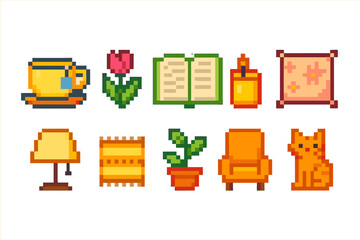 Obraz premium Home and garden pixel art icon set. Cozy, decorative icons in retro pixel style