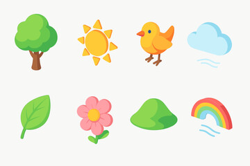 Nature and weather icon set. Colorful 3d illustrations of flora and climate elements