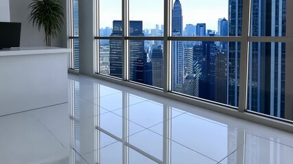 Bright space features sleek design and large windows offering impressive views of a bustling city skyline, ideal for creative work