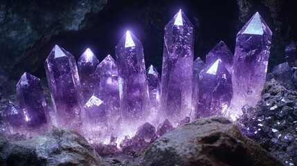 Amethyst cluster in a dark cave, crystals illuminated with soft violet glow