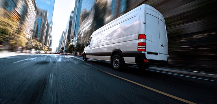 A white delivery vehicle speeds down a city street, creating a sense of motion blur, with buildings lining the road