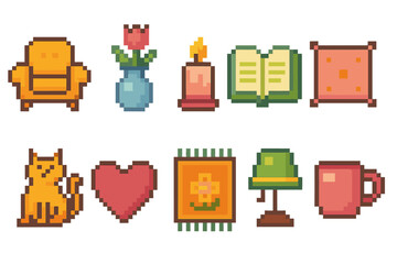 Pixel art, home and cozy icon set. Decor, furniture, comfort icons outline collection