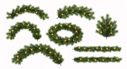 A set of realistic Christmas pine garlands, a wreath, and branches decorated with glowing yellow lights on a white background.