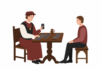 Fototapeta premium A historical or fantasy-styled character reads tarot cards for a customer at a wooden table, vector illustration.