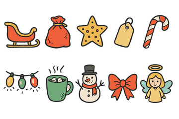 Obraz premium Christmas festive doodle icon set. Holiday, winter, christmas flat outline icons.
