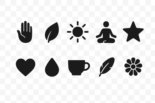 Wellness and nature solid icon set. Mindfulness, health, relaxation icons solid collection
