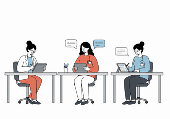 Three female professionals collaborating and managing data using digital tablets at office desks, symbolizing modern healthcare technology and support.