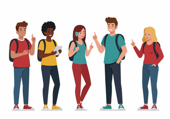 Fototapeta premium Diverse Group of Young Students Pointing Upward, Wearing Backpacks and Casual Clothing, Isolated Flat Vector Illustration.