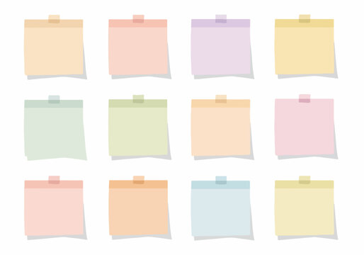Pastel Colored Sticky Notes Grid Vector Illustration with Adhesive Tape, Memo Reminders, and Blank Space on a White Background