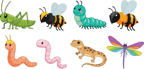 This collection of digital illustrations features a variety of animals and insects in a cheerful cartoon style, perfect for children's educational materials or graphic design.