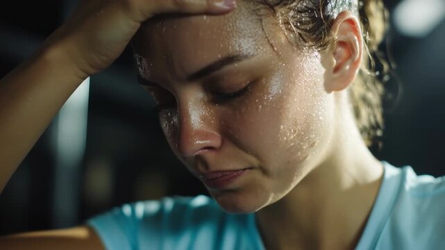Exhausted athletic woman taking a break after intense training in the gym, her face covered in sweat as she catches her breath, feeling the strain and determination of her fitness journey