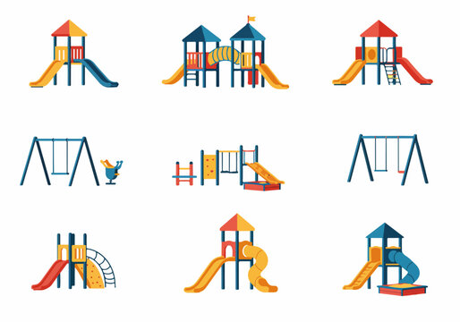 Colorful flat vector icon set of various isolated playground equipment modules including slides, swings, and climbing frames for kids' entertainment.