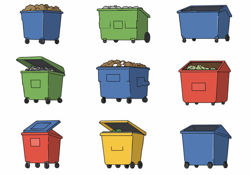 Collection of cartoon dumpsters and garbage containers in various colors (blue, green, red, yellow), depicting waste management and overflowing trash.
