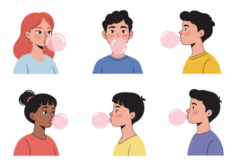 Diverse group of young people blowing large pink bubble gum bubbles, isolated flat modern cartoon illustration set on white background.