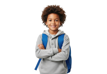 Young african american boy with curly hair and a bright blue backpack stands with arms crossed smiling isolated on transparent background