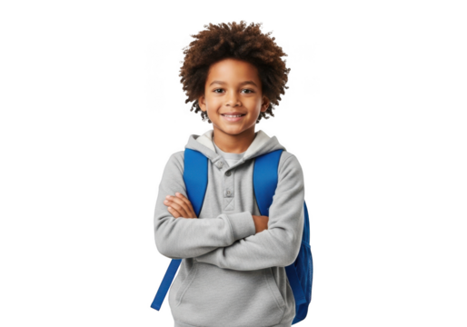 Young african american boy with curly hair and a bright blue backpack stands with arms crossed smiling isolated on transparent background