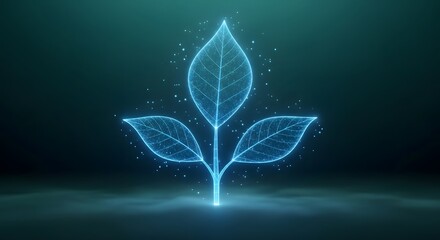 Biotechnology and genetic research for future plant development. Digital botany and growth analysis. Glowing blue polygonal plant model with interconnected leaf veins.