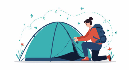Happy woman hiker zipping up a tent door at a campsite, enjoying outdoor adventure and nature. Flat vector illustration.