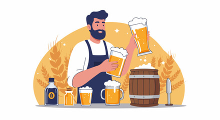 Professional Brewer Pouring Fresh Craft Beer Glasses with Ingredients and Barrel in the Background.