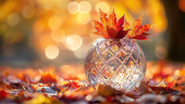 Cut-glass vase filled with bright red leaves on a bed of autumn foliage - Powered by Adobe