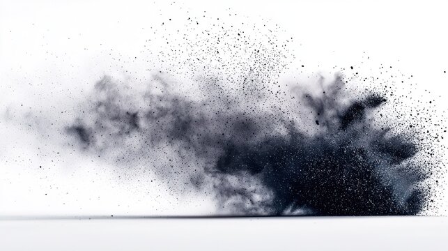 Dark cloud of powder explodes across a plain white surface, suspended in air - Powered by Adobe