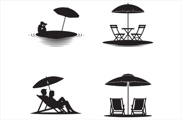 Minimalist black silhouettes of beach scenes with umbrellas and lounge chairs
