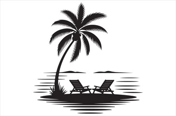 A serene tropical scene featuring palm trees and beach chairs