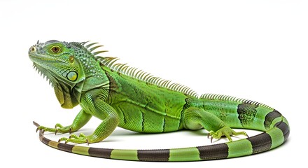 Fototapeta premium A vibrant green iguana is shown in full profile against a white background, a concept for exotic wildlife, reptiles, and biodiversity representation