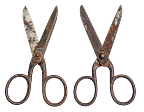 Pair of rusty antique metal scissors isolated on transparent background