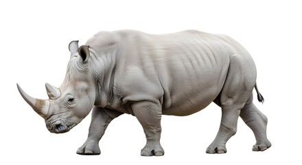 Obraz premium A powerful white rhinoceros stands against an isolated white background, a concept for wildlife conservation and raising awareness for endangered species