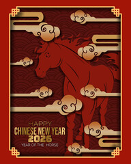 Obraz premium Luxurious Chinese New Year 2026, A rich, deep red and metallic gold design with a majestic horse silhouette, surrounded by flowing traditional clouds and set against a layered wave pattern.