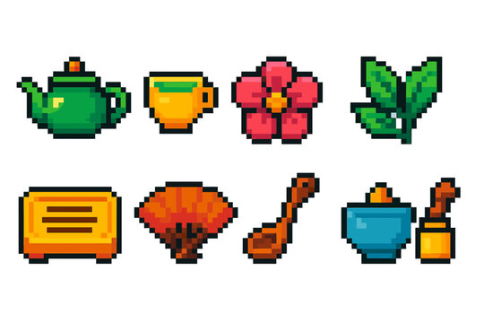 Fototapeta Pixel art food and nature icon set. Retro, tea, plant icons in pixelated style