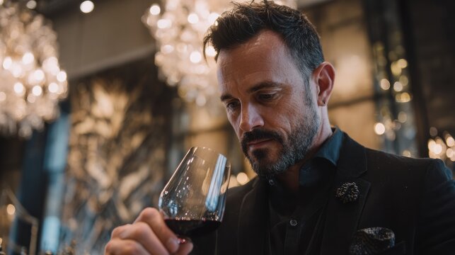 Sommelier Demonstrating Wine Tasting Skills in an Elegant Tasting Room Surrounded by Sophisticated Decor
