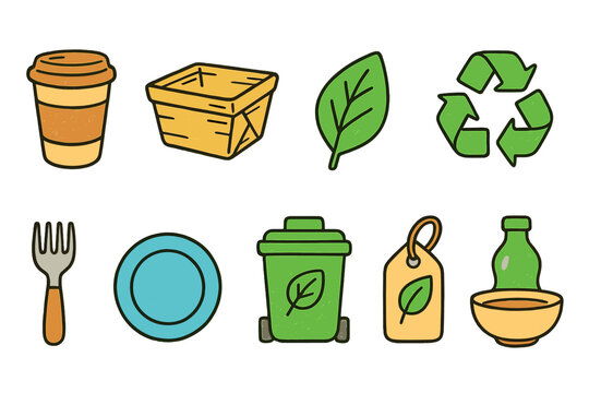 Eco-friendly, sustainability flat icon set. Recycling, green living icons collection