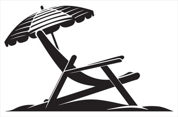 Black and white illustration of a beach chair with an umbrella above