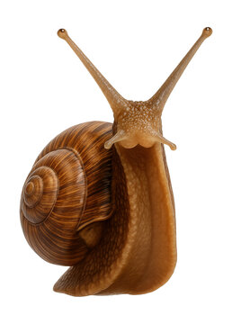 Brown garden snail with a spiraled shell and long eyestalks for better navigation.