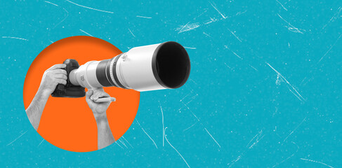 Art collage, Capturing moments with a camera lens while using a stabilizer for smooth shots during a creative project