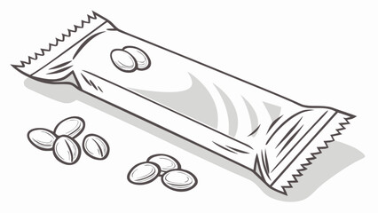 Illustration of a candy bar in a wrapper with coffee beans scattered around it on a white background