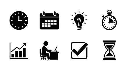 Set of essential business icons for time management and productivity tools