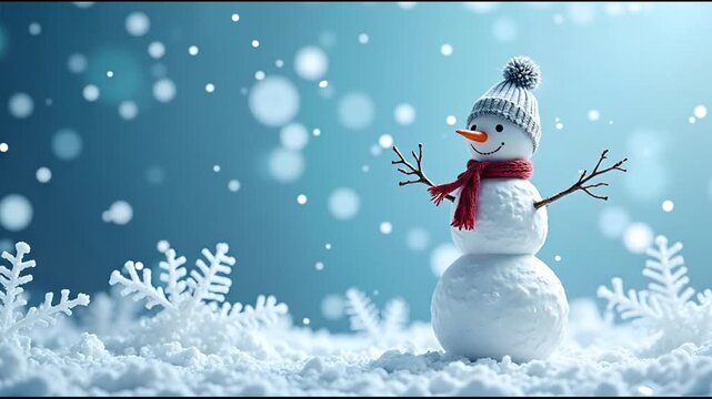 Cute cartoon snowman illustration with carrot nose, scarf, and hat near a happy winter Christmas tree decoration on a cold, snowy December holiday card