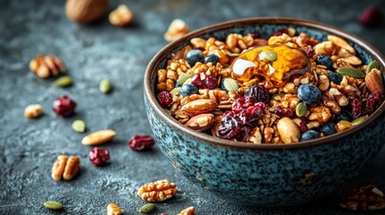 Fototapeta premium Granola bowl with berries, nuts, and honey drizzle on a textured surface