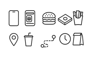 Food delivery line icon set. Fast food, location, clock linear icons collection