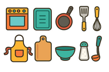 Fototapeta premium Kitchen tools flat icon set. Cooking utensils, kitchenware collection for chefs